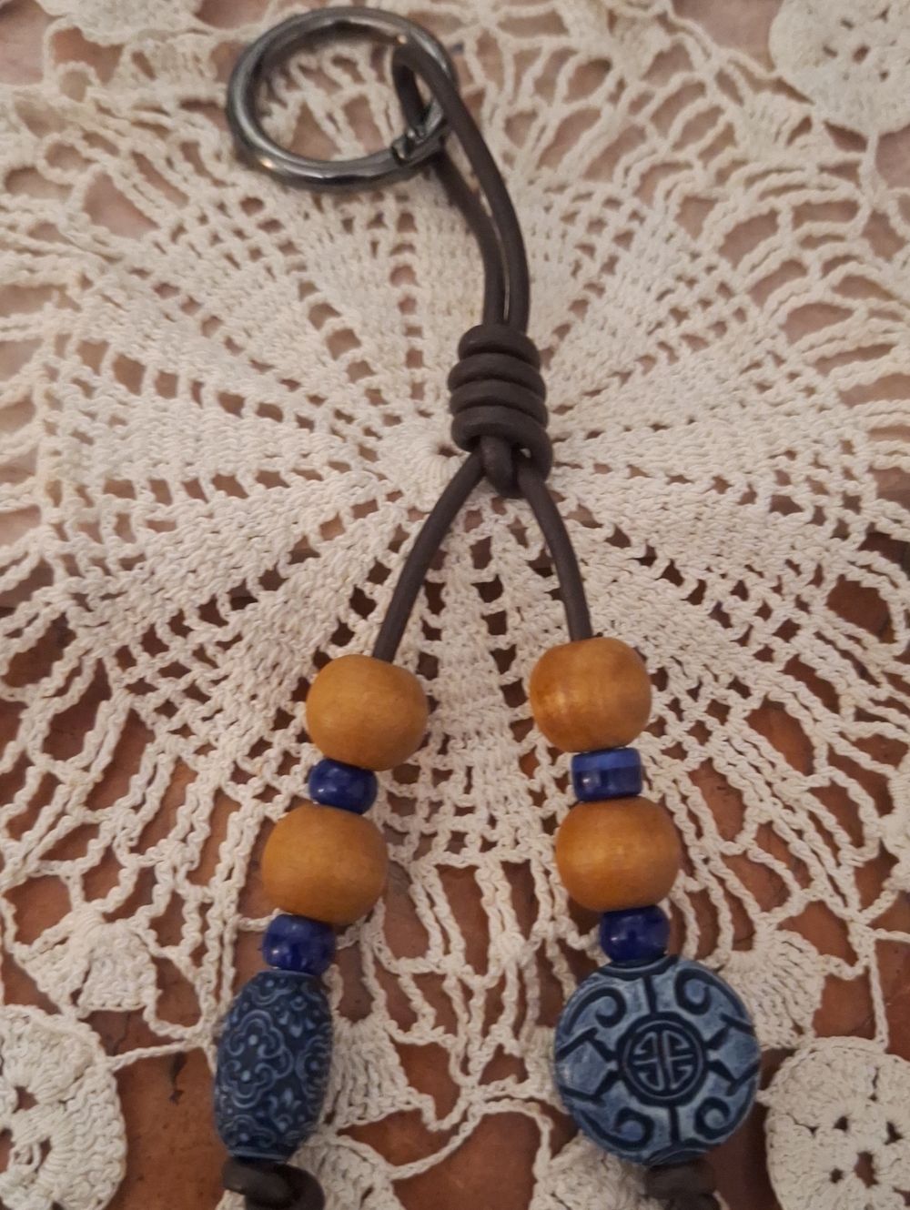 Beaded Leather Keychain Bag Charm with Blue Accents